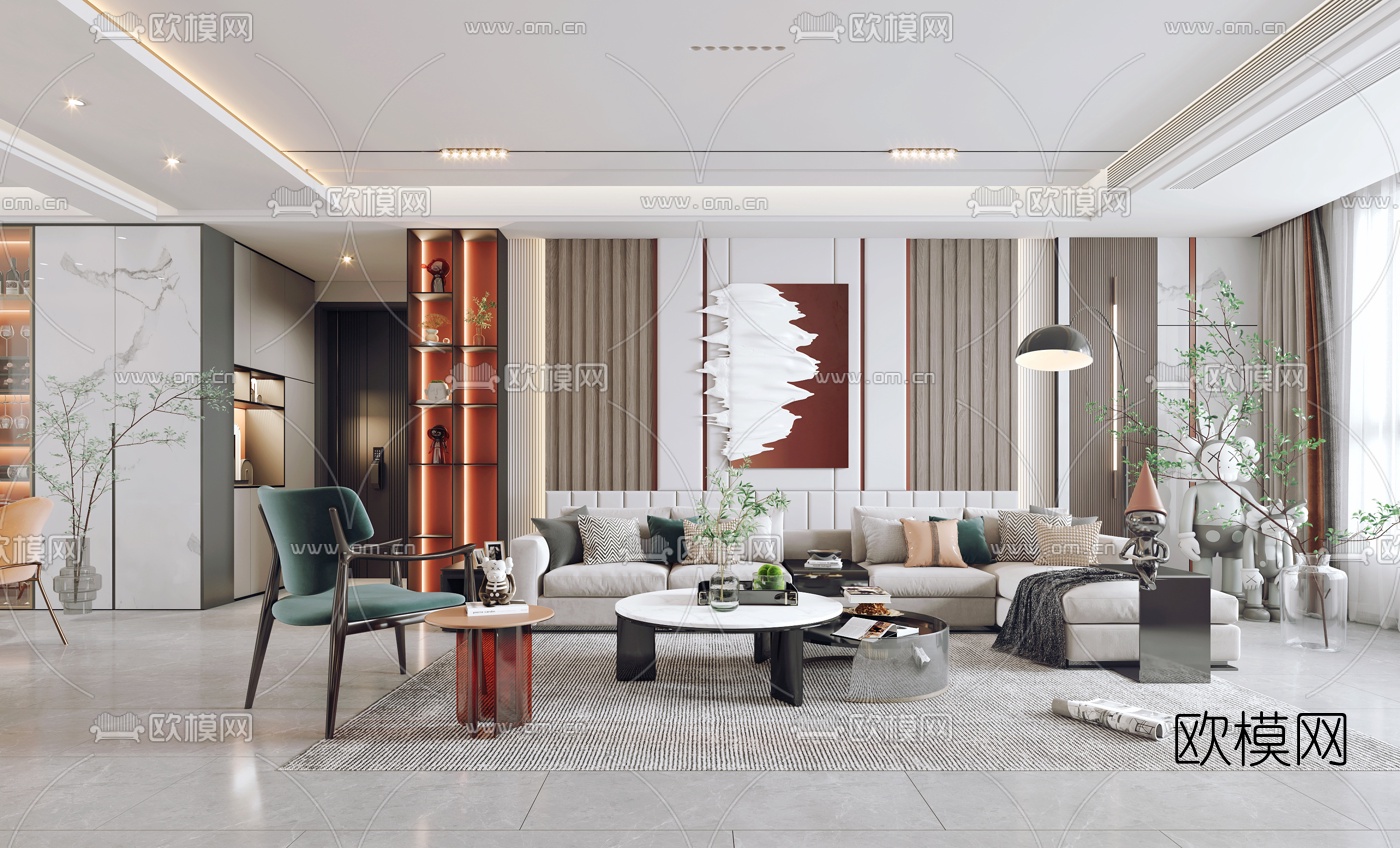 现代轻奢客厅餐厅3d模型下载（渲染图1）