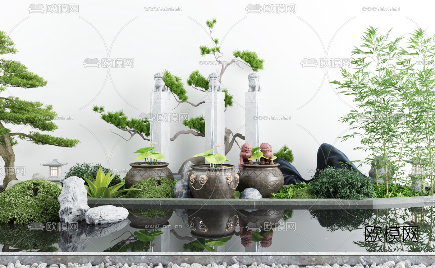 新中式荷花缸水景小品3d模型下载