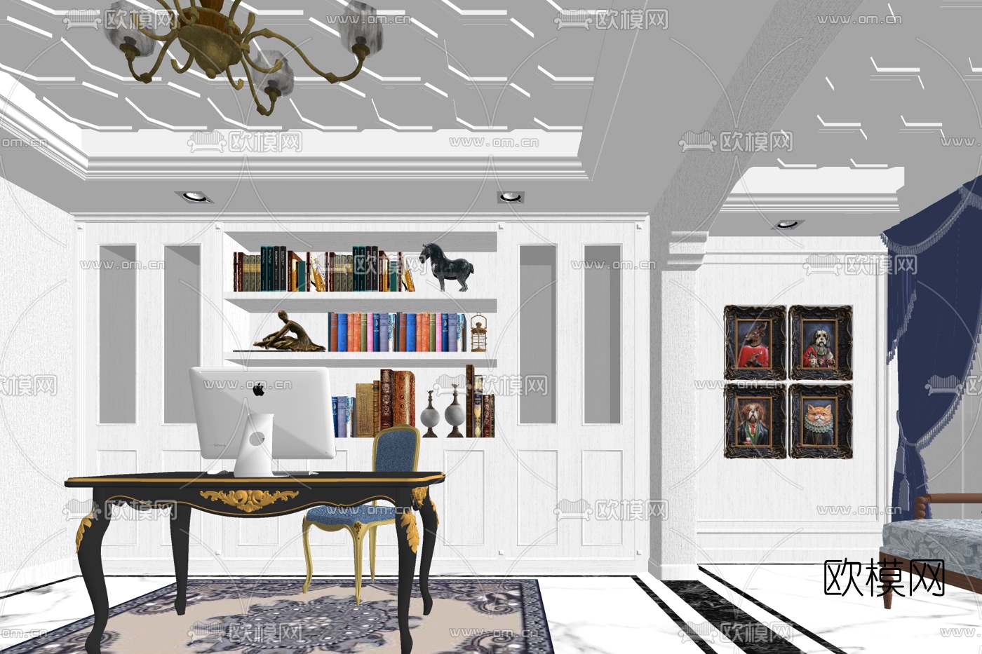 简欧书房su模型下载