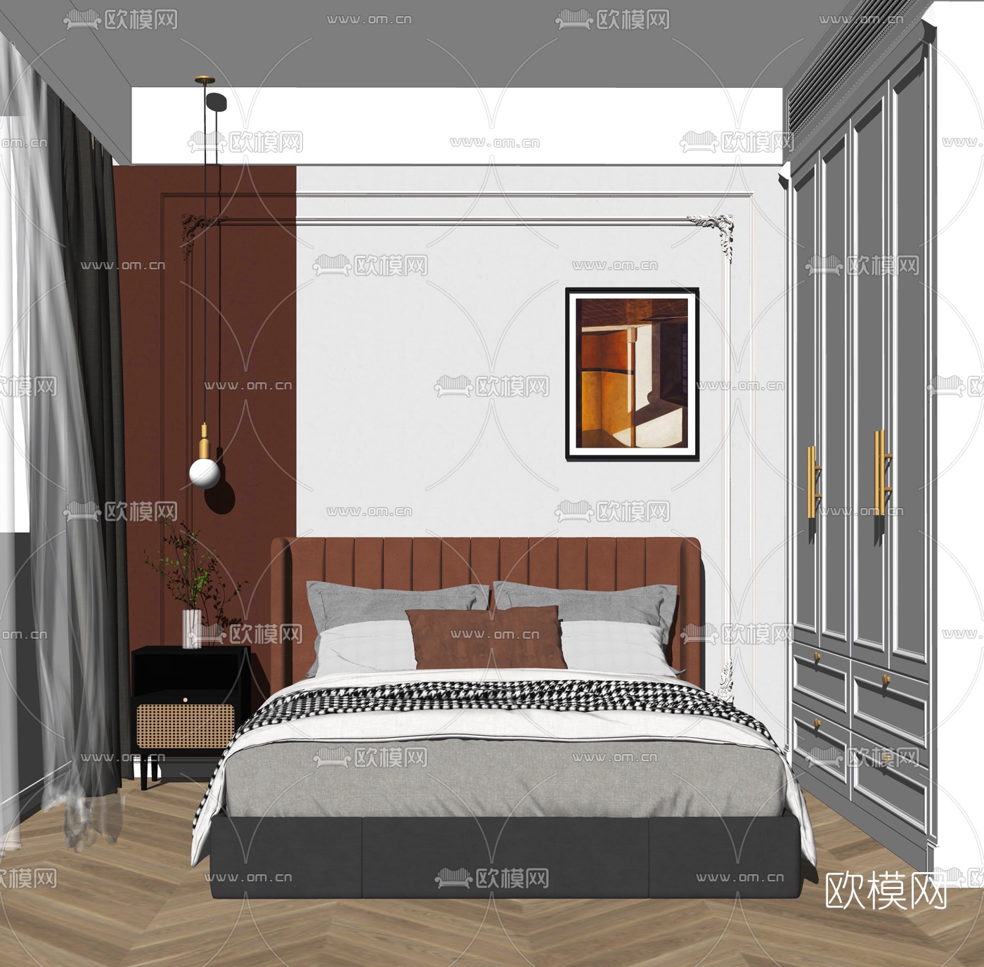 北欧卧室su模型下载