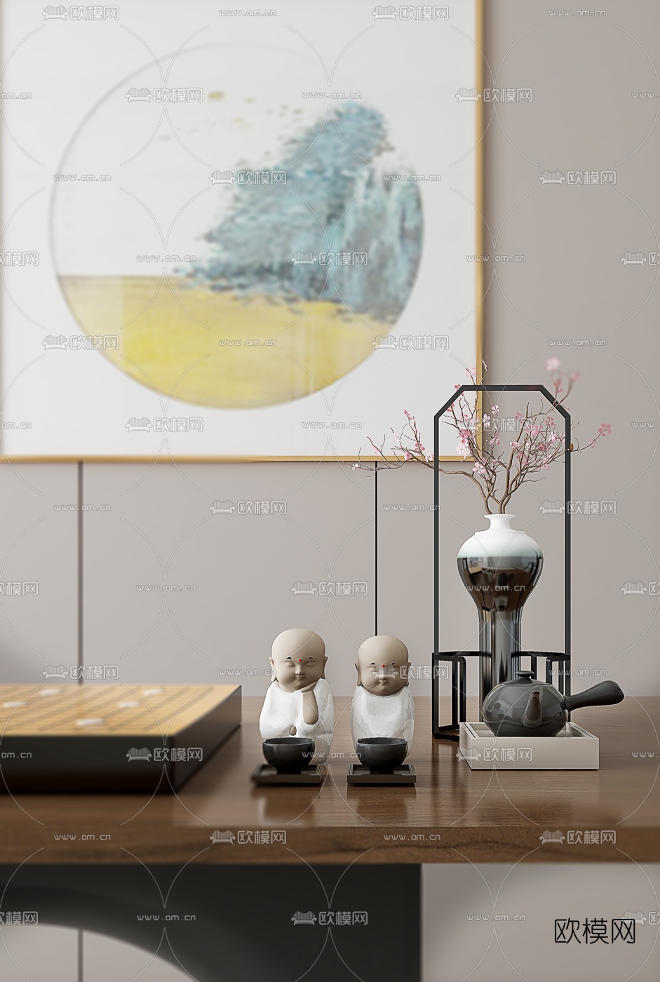 方黄设计 新中式围棋桌椅3d模型下载（渲染图2）