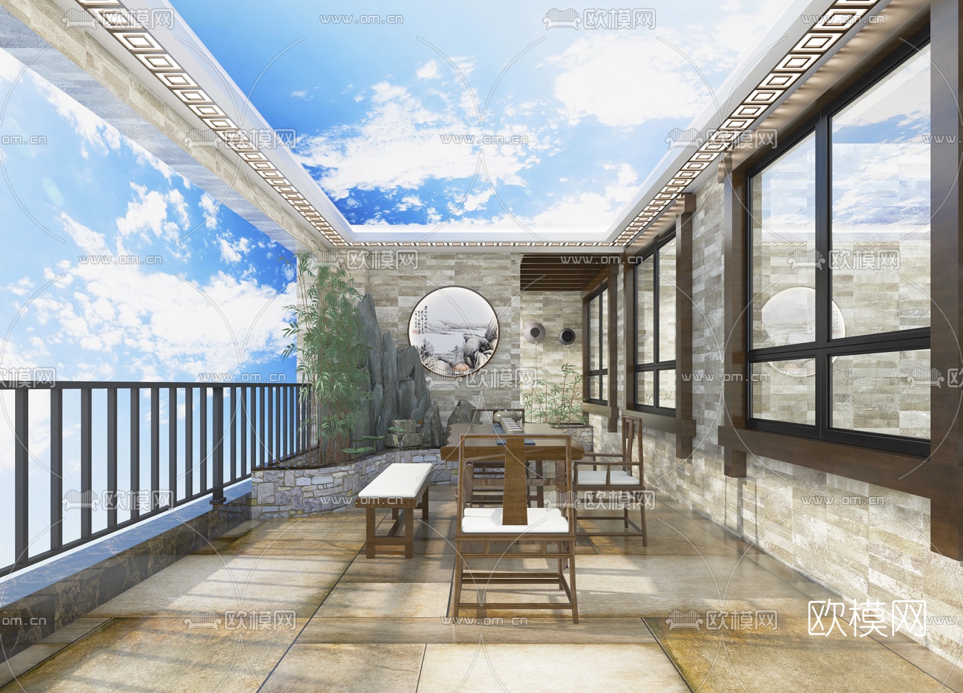 新中式露台阳台免费3d模型