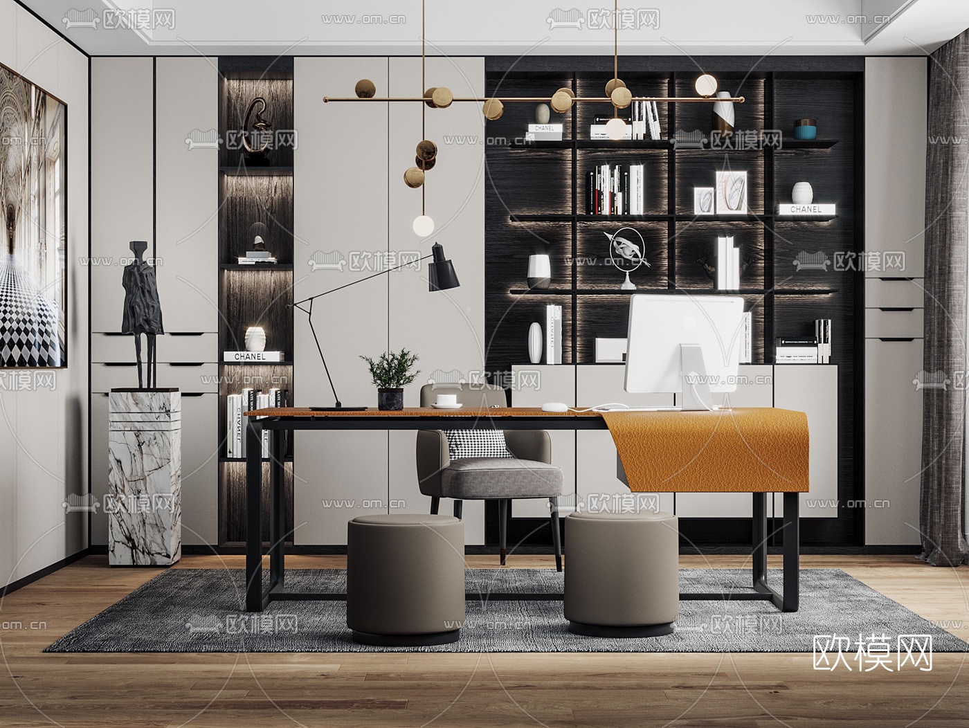 现代轻奢书房3d模型下载