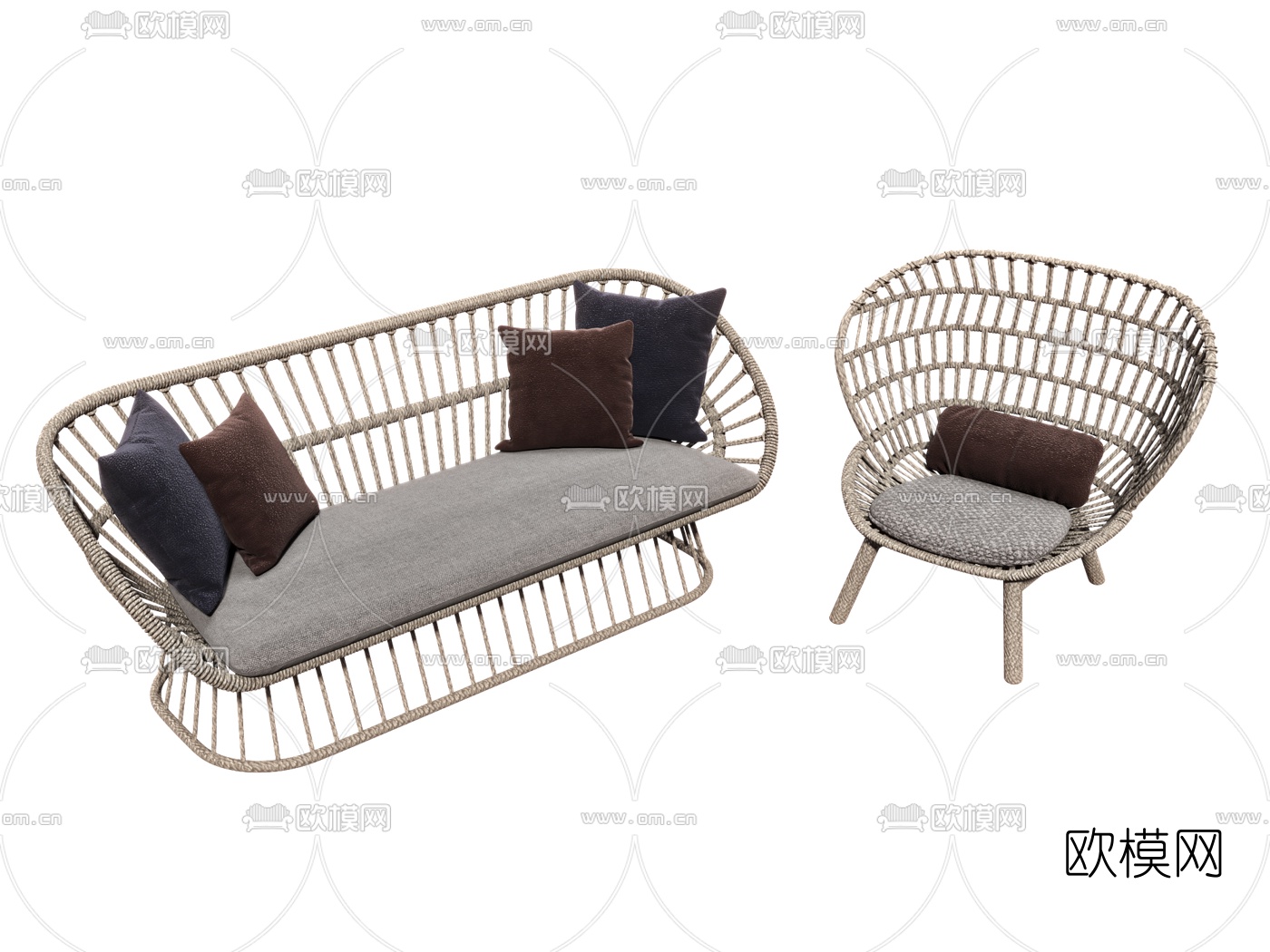 现代藤椅户外沙发3d模型下载（渲染图3）