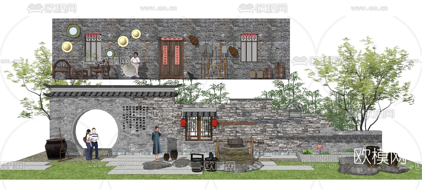 新中式乡村民俗文化景墙标识墙su模型