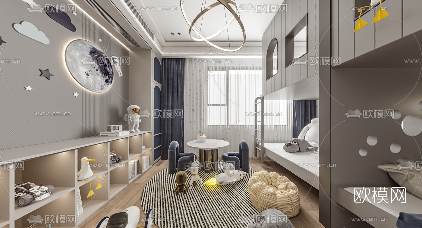现代上下铺儿童房cr全景3d模型