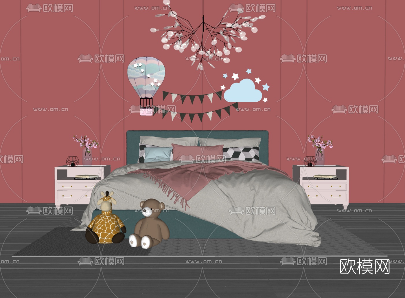 北欧布艺双人床su模型下载（渲染图1）