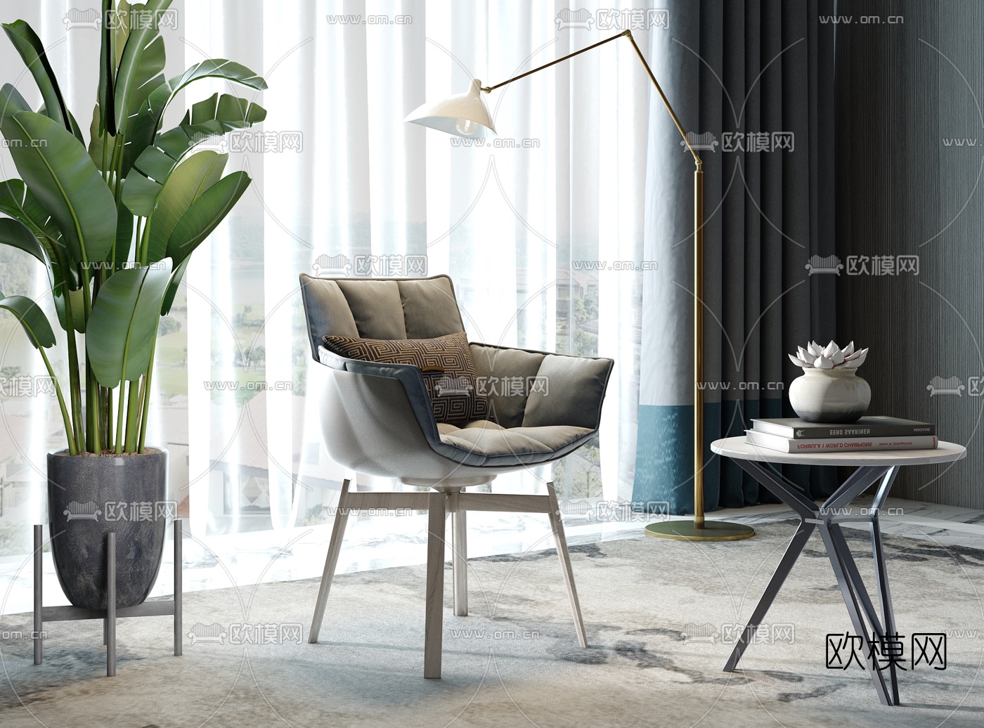 现代轻奢布艺休闲椅su模型下载（渲染图1）
