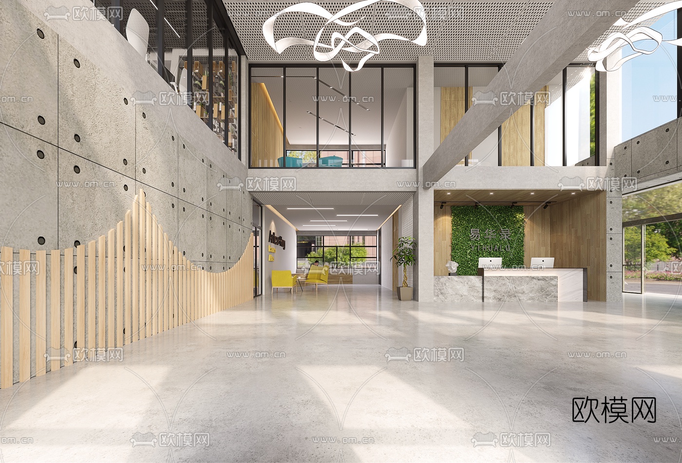 现代办公室大堂前台接待区3d模型下载（渲染图2）