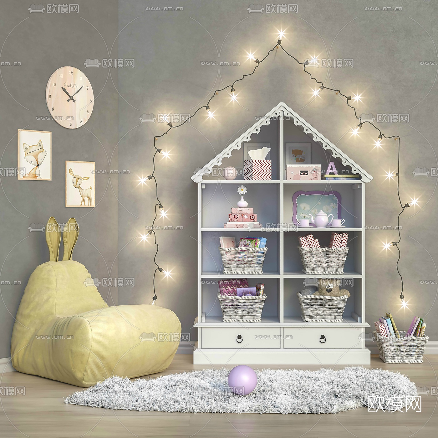 北欧儿童房收纳柜书柜3d模型下载