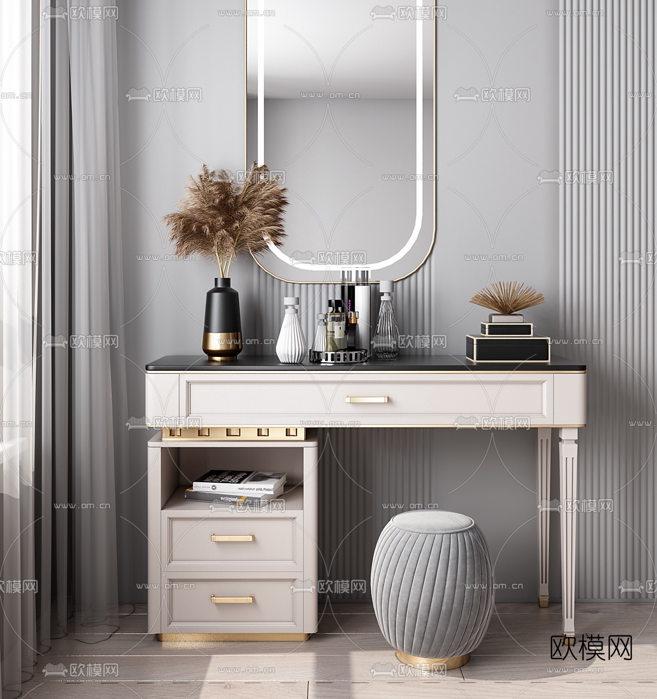 现代轻奢梳妆台3d模型下载（渲染图1）