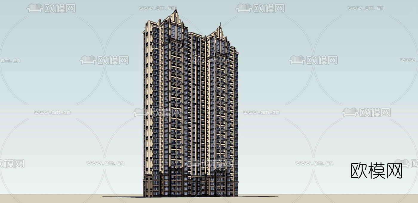 新古典超高层公寓楼外观su模型下载（渲染图2）