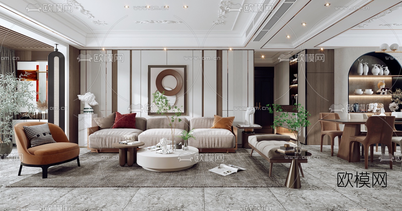 现代轻奢客厅餐厅3d模型-免费3dmax模型库-欧模网