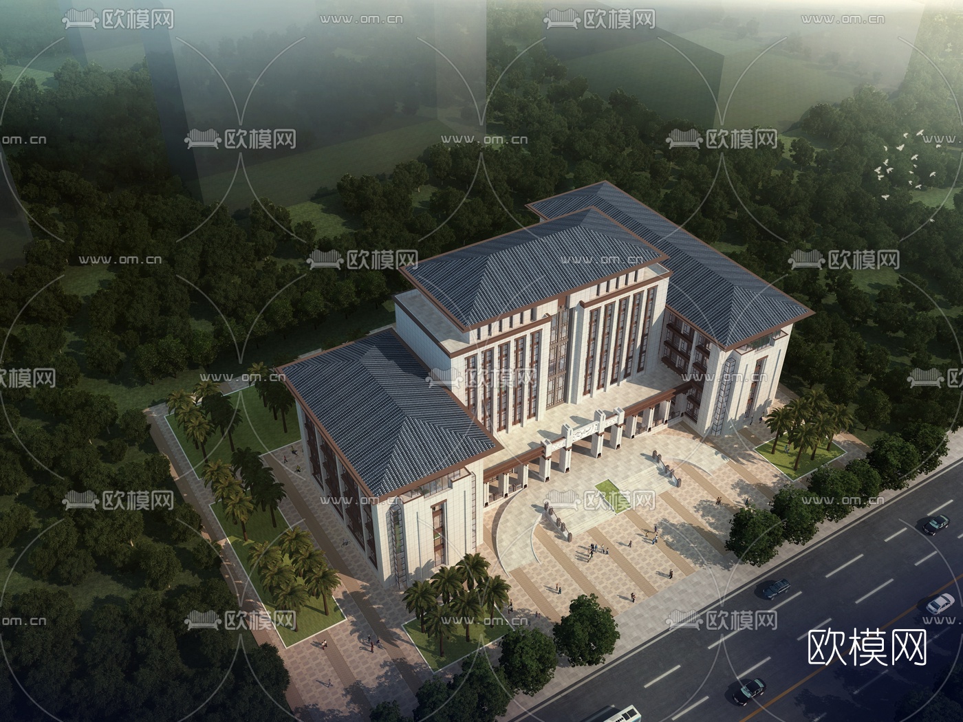 新中式办公楼鸟瞰3d模型下载