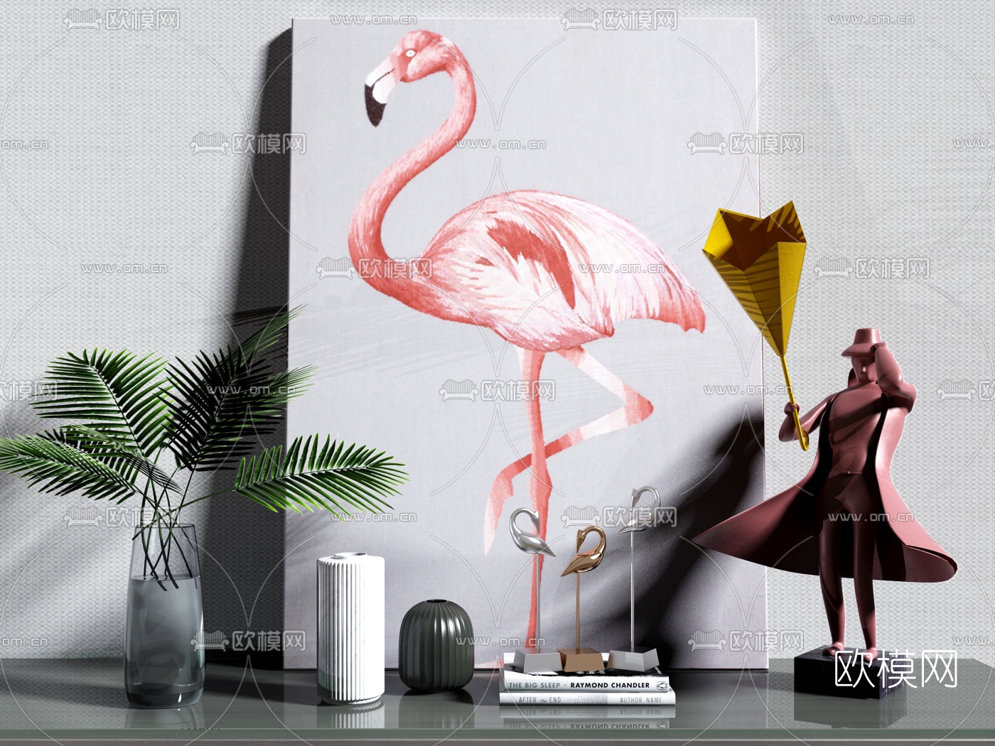 现代火烈鸟画框人物雕塑摆件3d模型