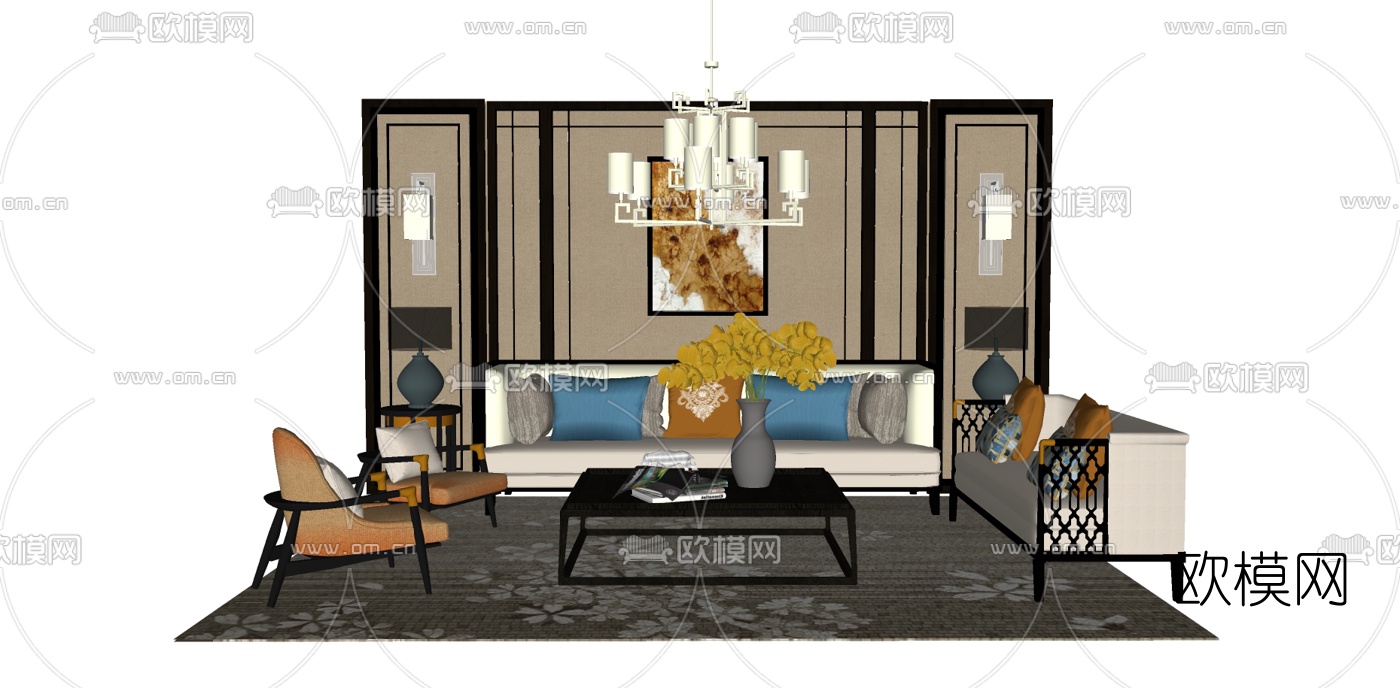 新中式布艺组合沙发su模型下载