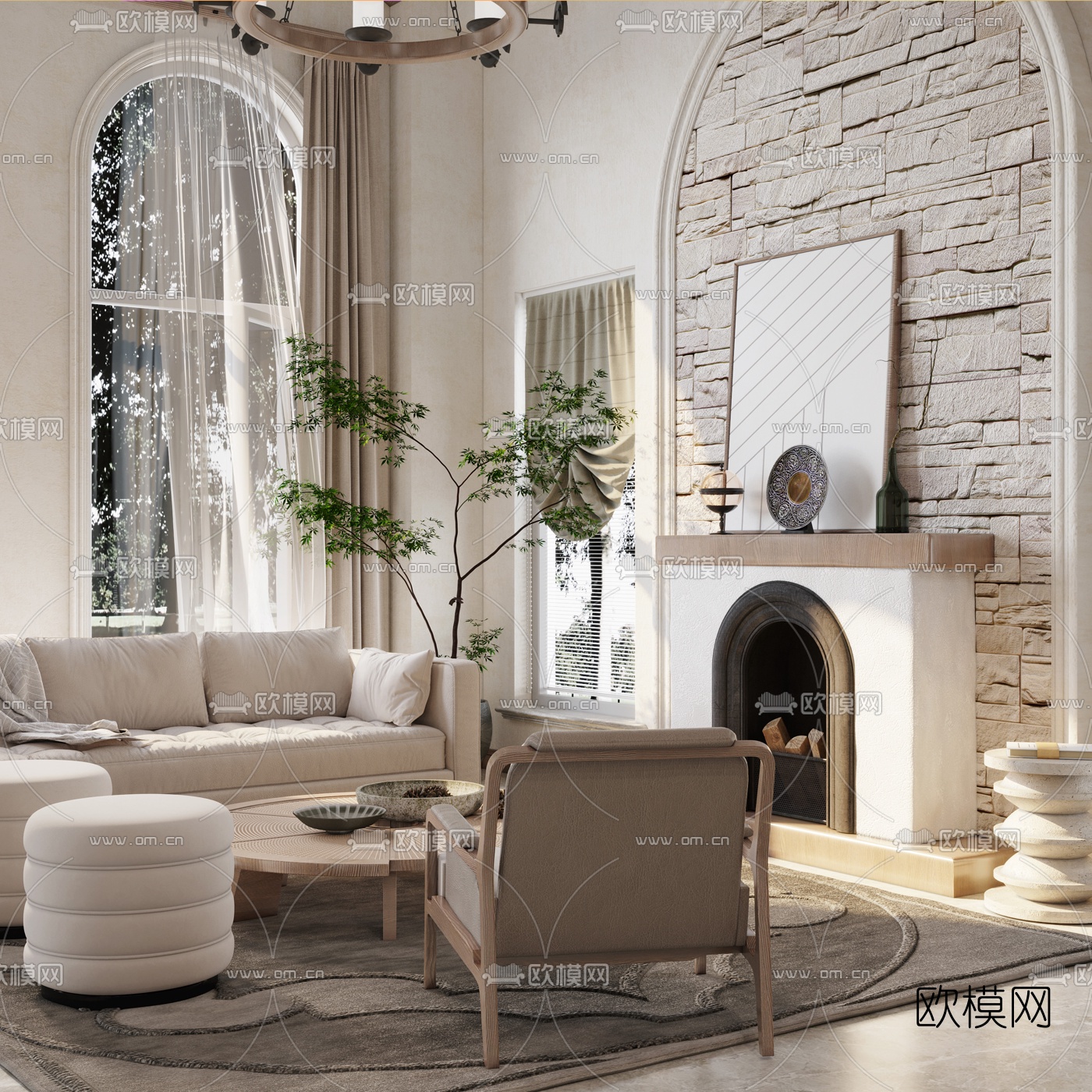 美式别墅客厅卧室3d模型下载（渲染图2）