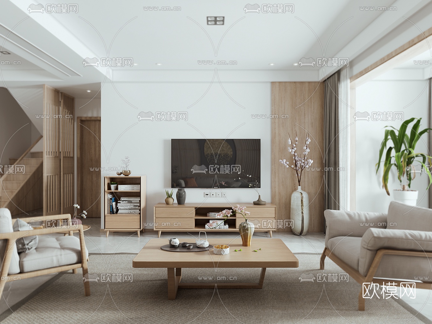 日式客厅餐厅3d模型下载（渲染图3）