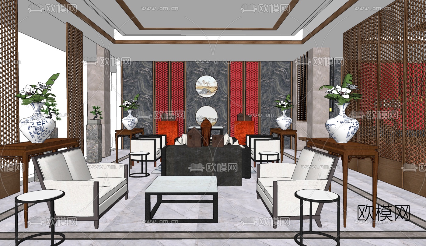 新中式洽谈区su模型下载（渲染图1）