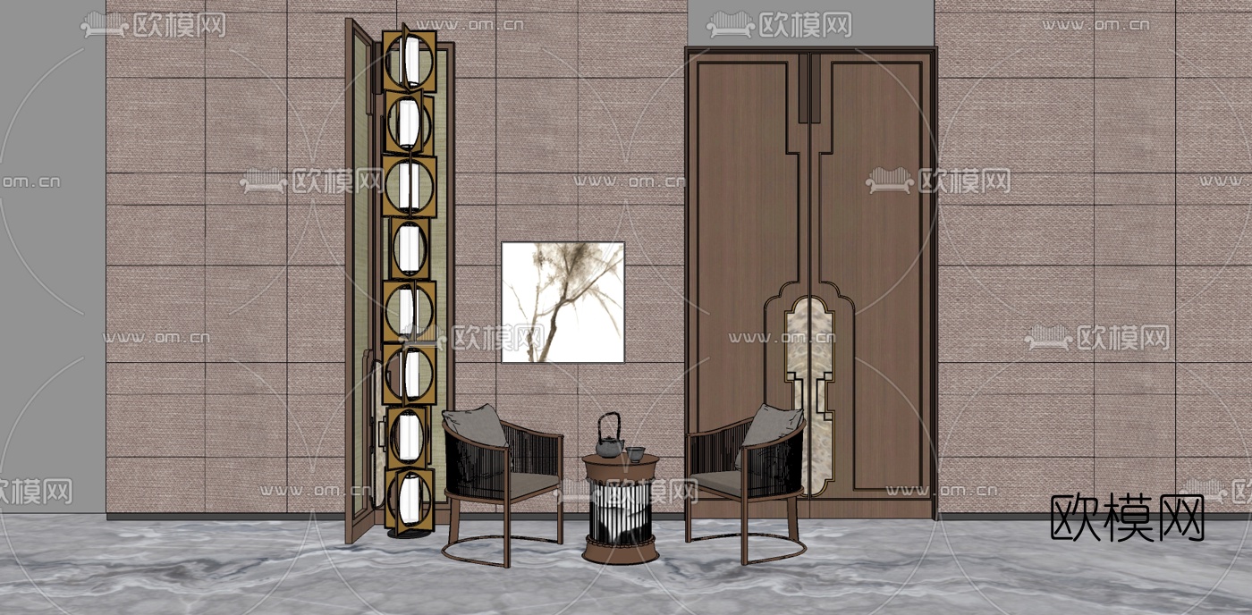 新中式实木休闲桌椅su模型下载