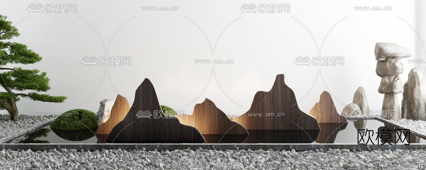 新中式庭院水池木山小品3d模型下载