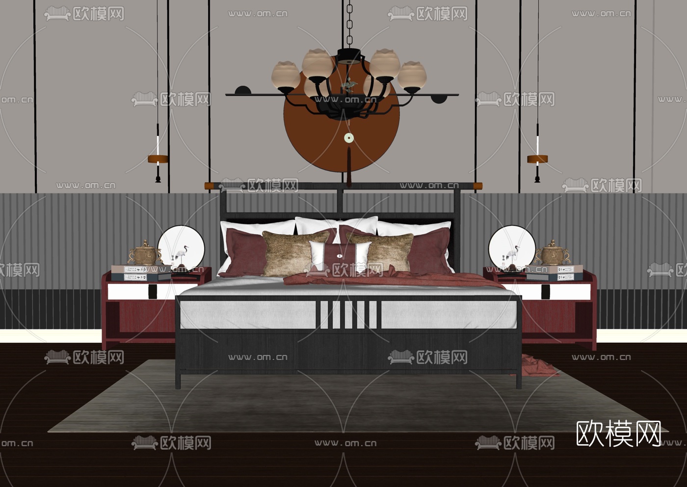 新中式布艺双人床su模型下载（渲染图1）