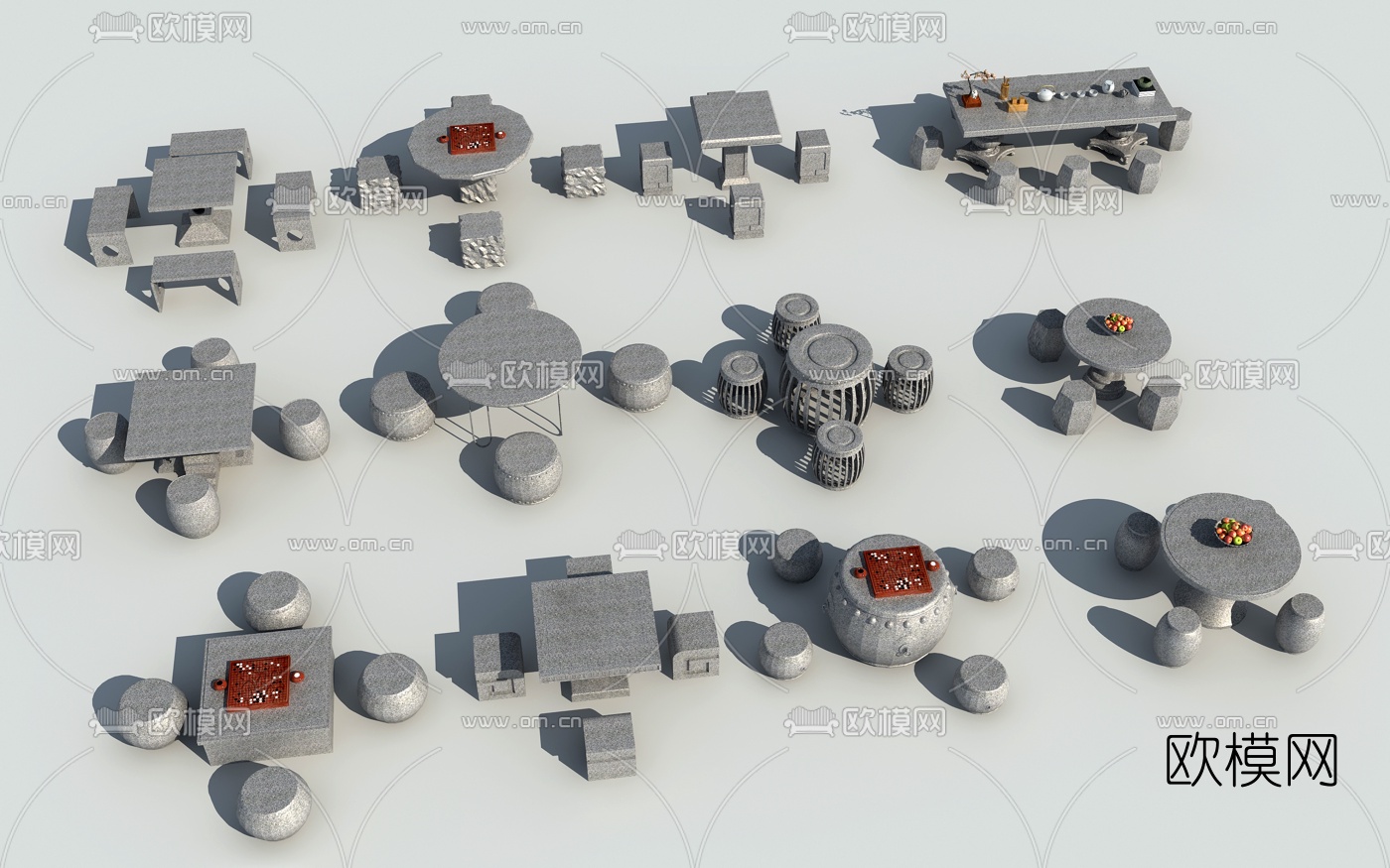 中式户外石桌椅3d模型下载