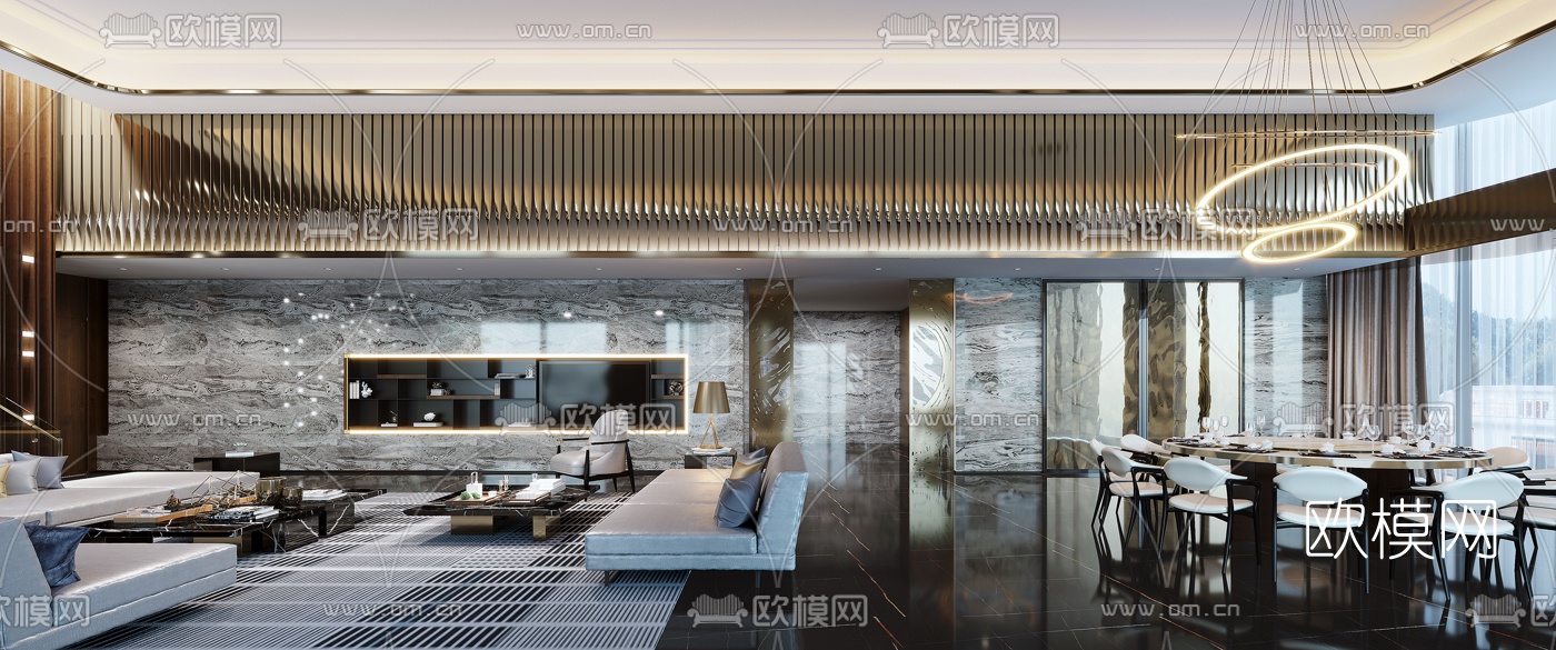 后现代复式客厅餐厅3d模型