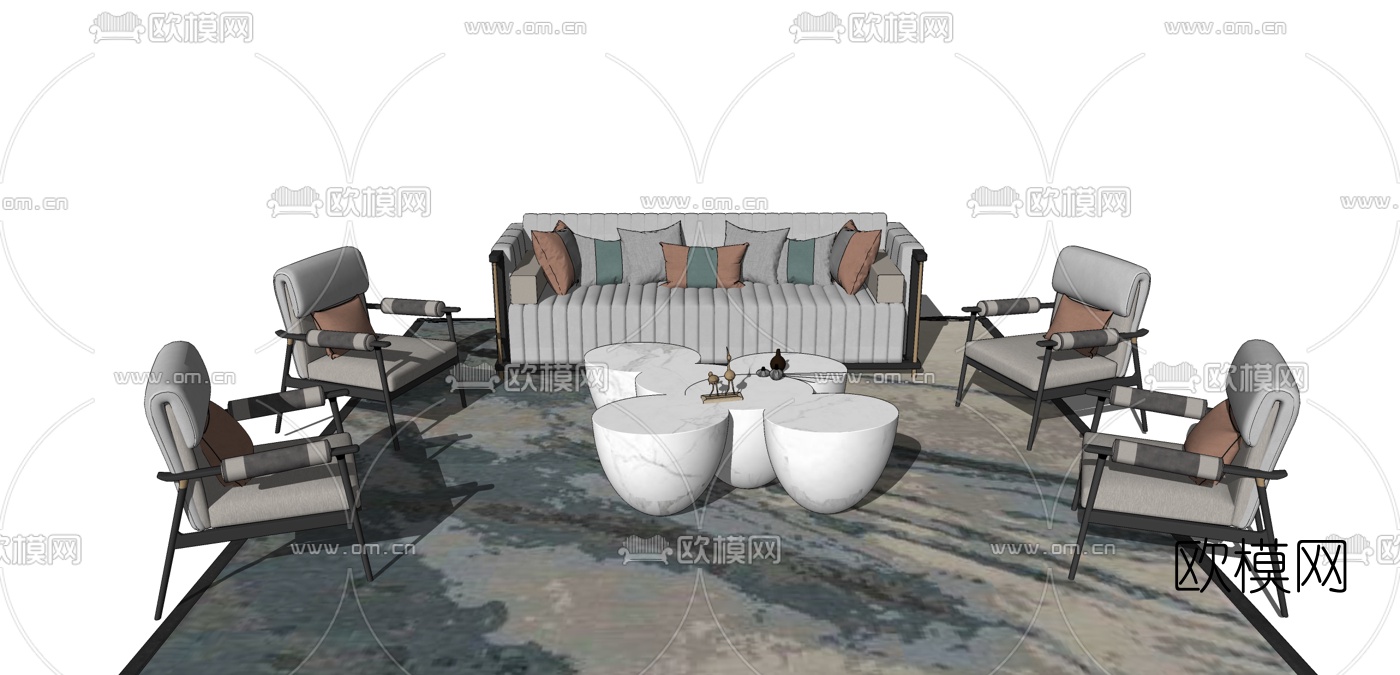 新中式布艺沙发组合su模型下载