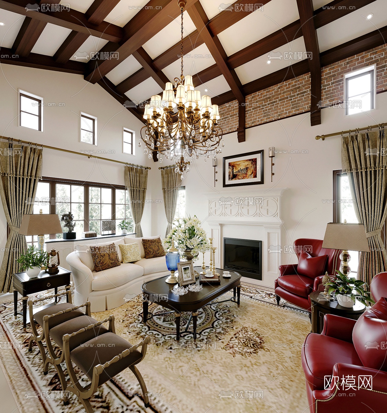 美式别墅客厅3d模型下载