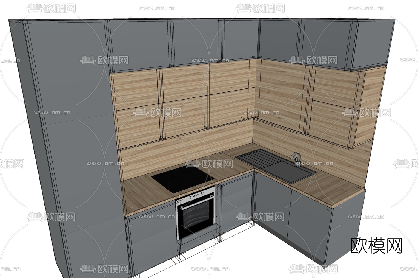现代实木橱柜免费su模型下载