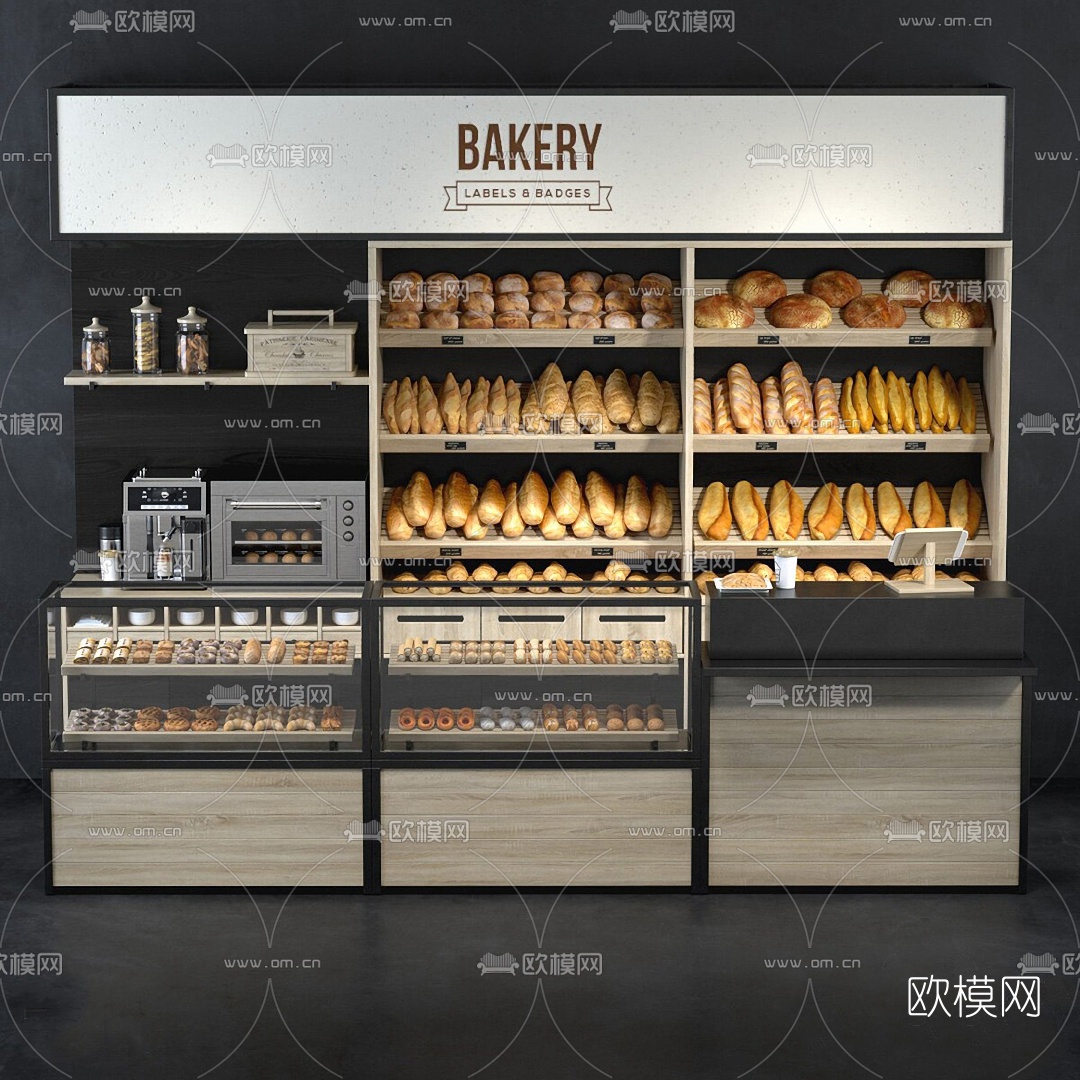 现代面包店收银台货架3d模型下载