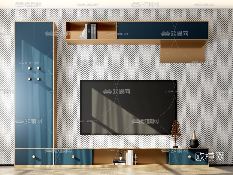 现代一体式电视柜墙柜3d模型下载