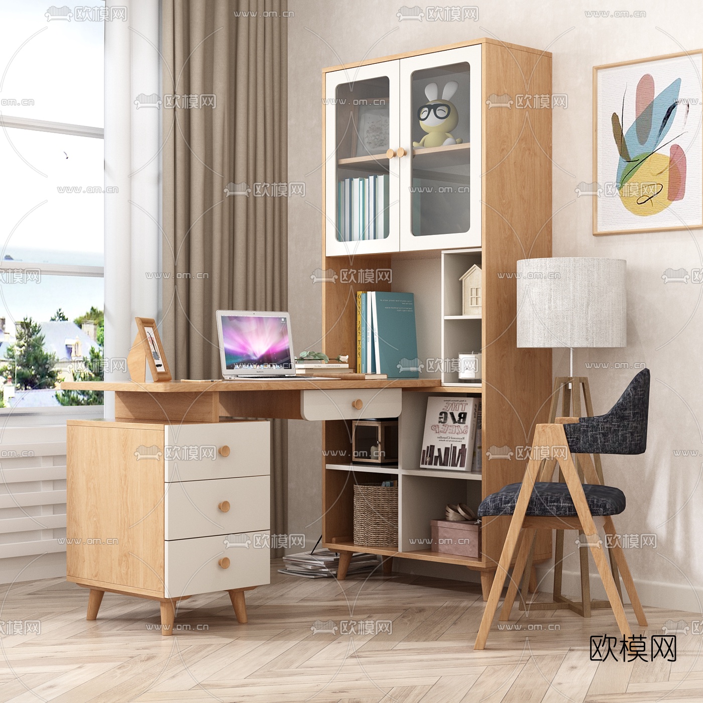 北欧简约书桌椅3d模型下载（渲染图1）