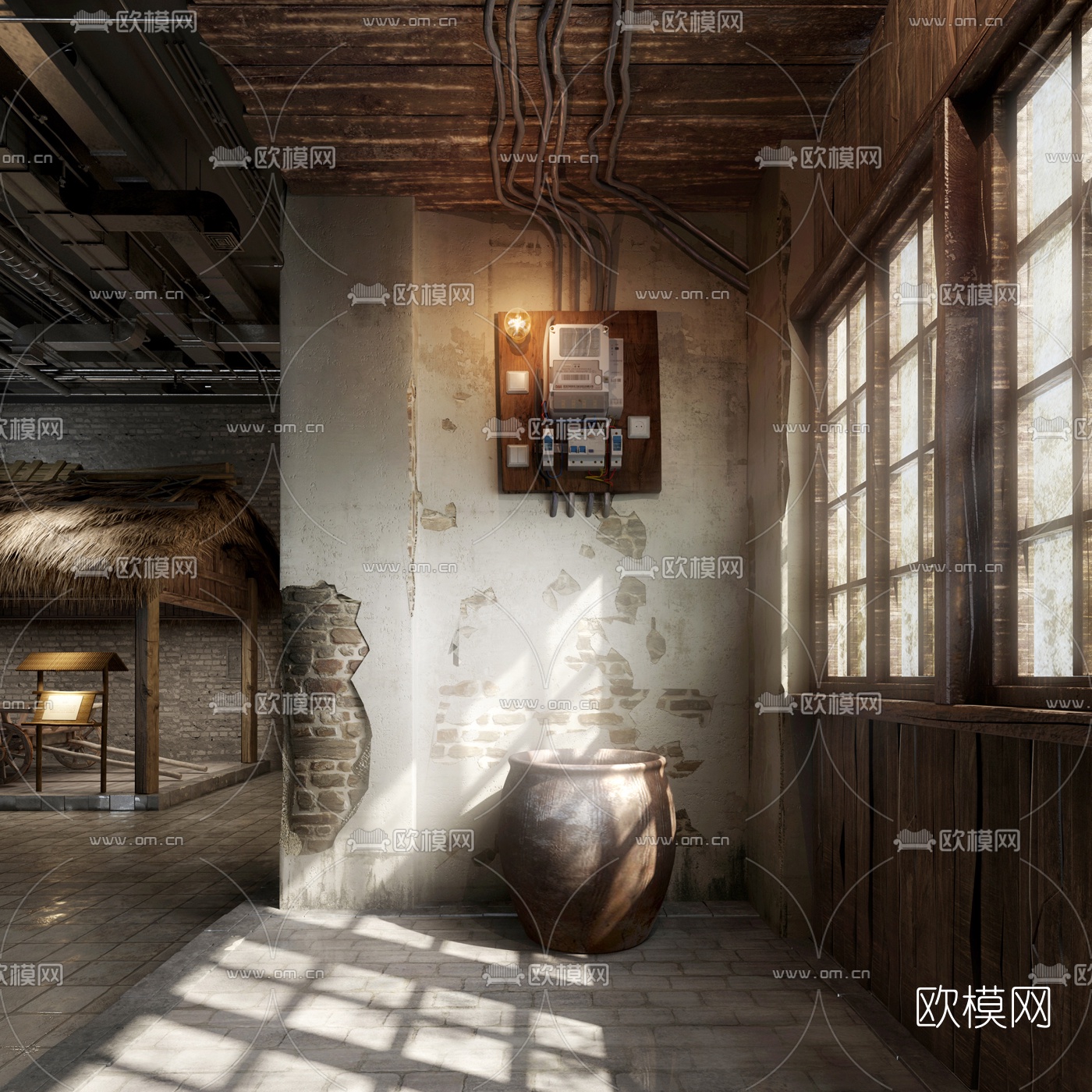 自然风民宿大堂走廊3d模型