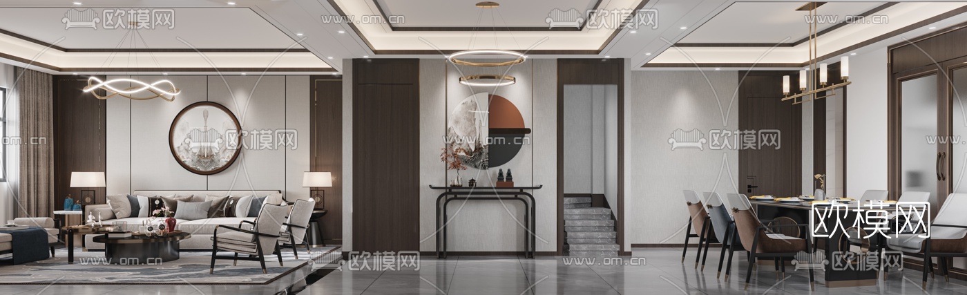 新中式客厅餐厅3d模型