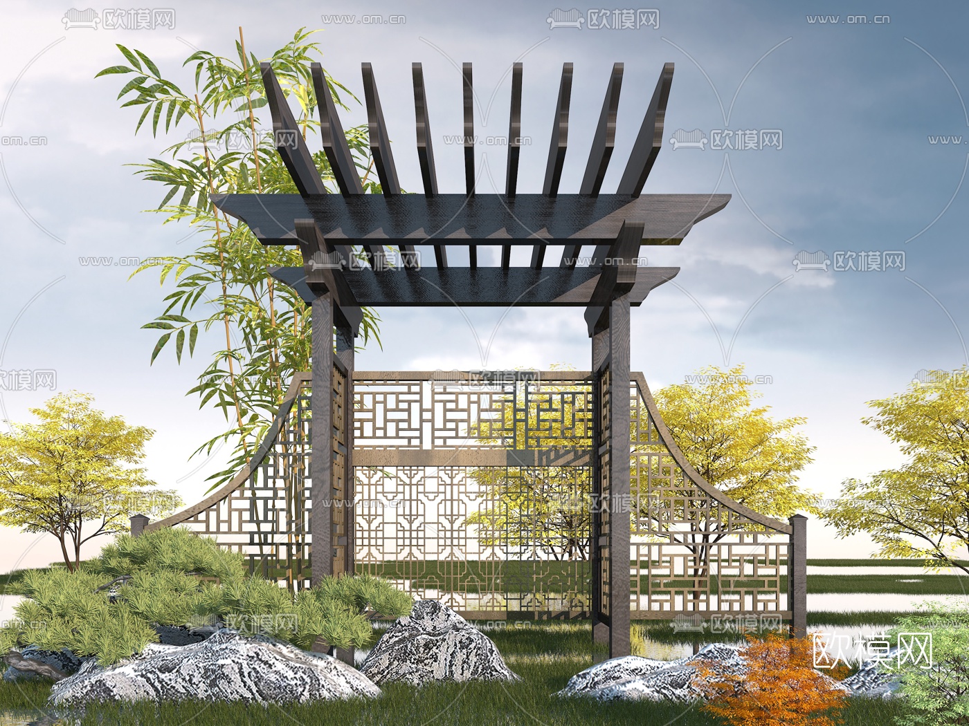 新中式花架廊架3d模型下载