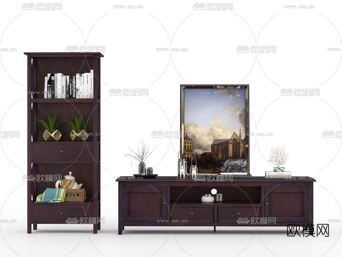 美式电视柜高柜边柜3d模型下载