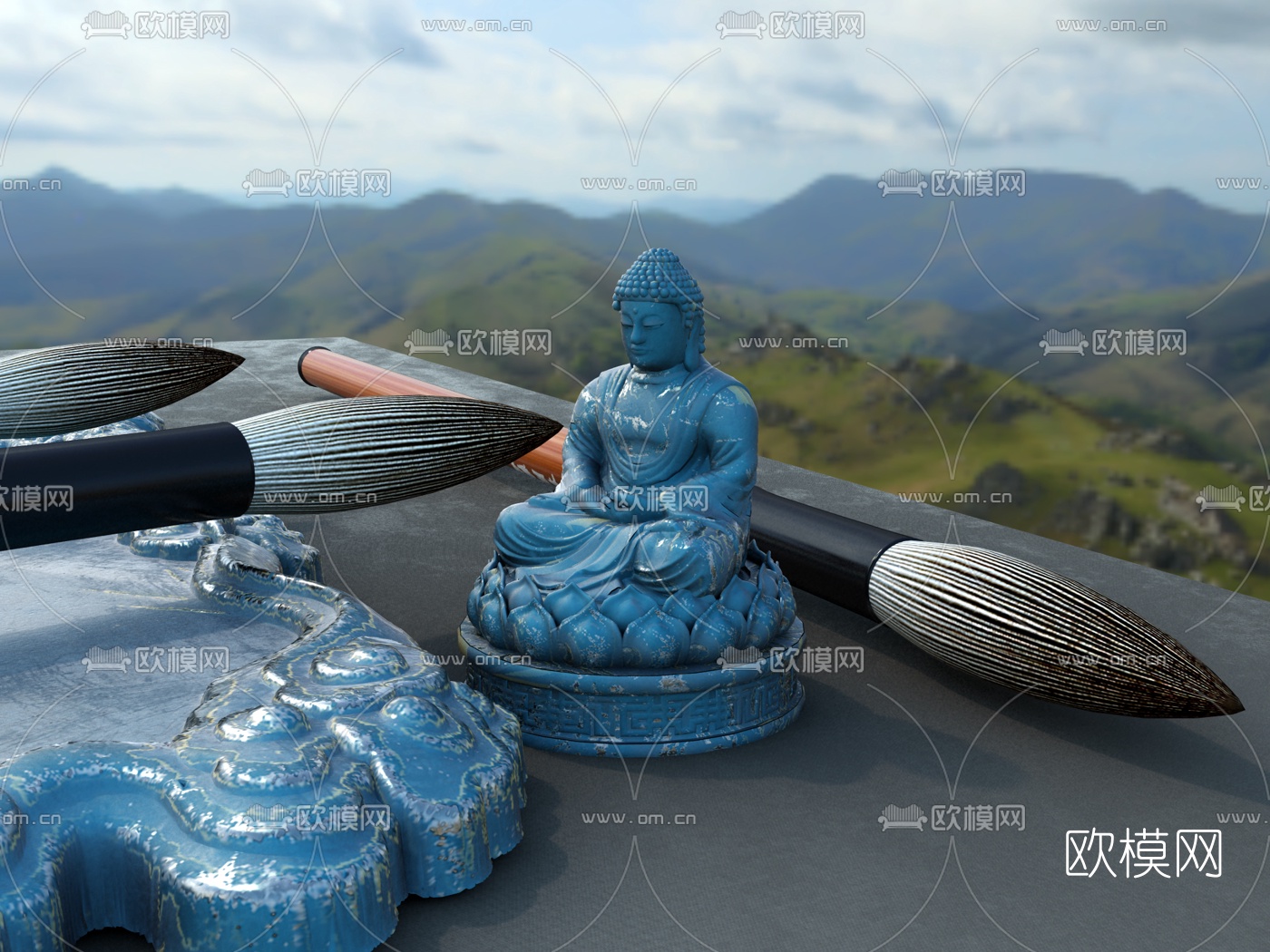 新中式砚台毛笔3d模型下载（渲染图2）