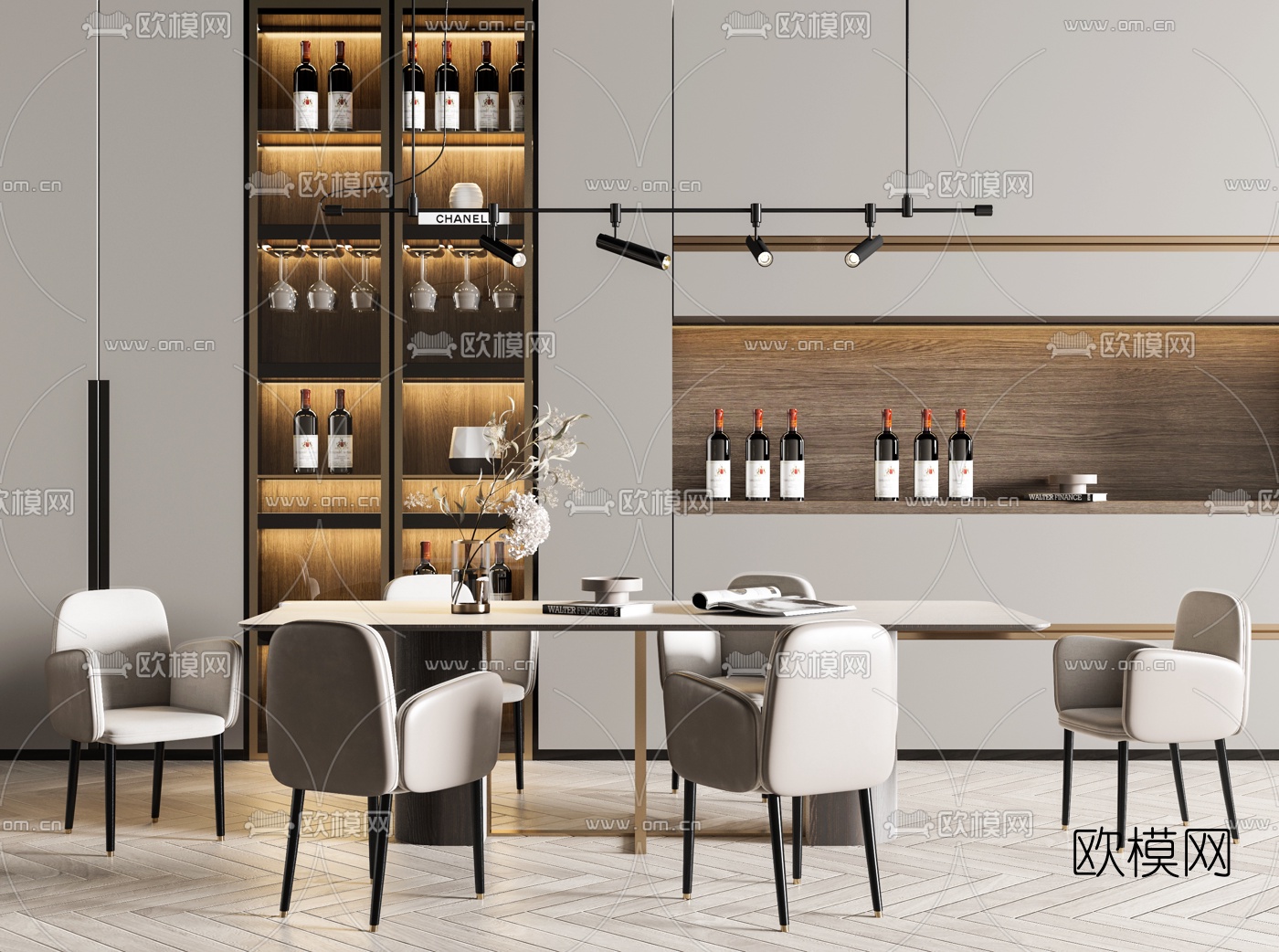 现代实木条形餐桌椅3d模型下载