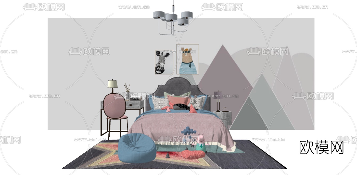 现代布艺双人床su模型下载