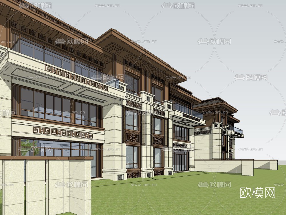 中式连排别墅外观su模型下载（渲染图3）
