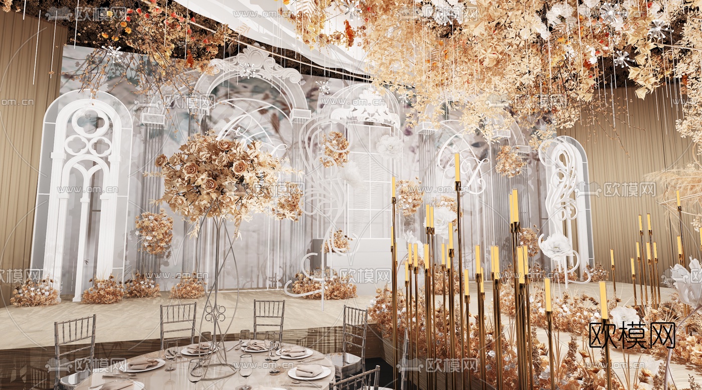 欧式婚礼美陈宴会厅3d模型下载（渲染图6）