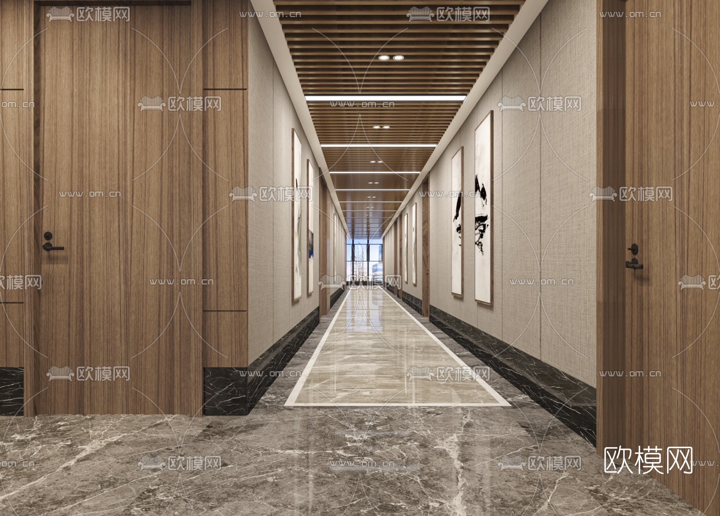 新中式前台接待台走廊3d模型下载（渲染图3）