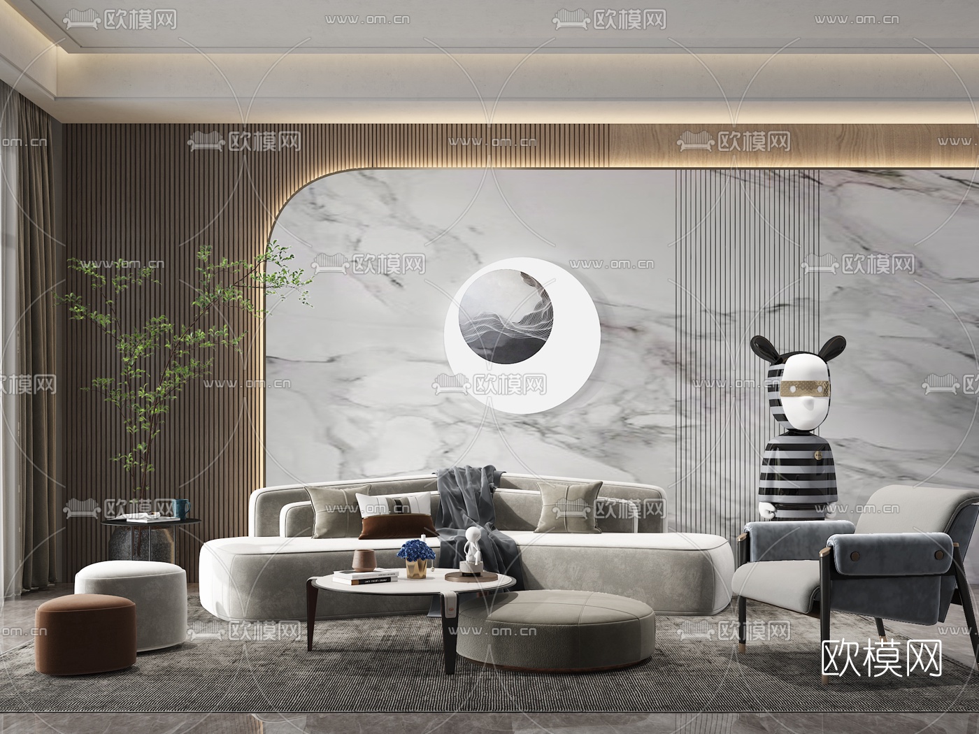 现代绒布沙发组合3d模型-免费3dmax模型库-欧模网