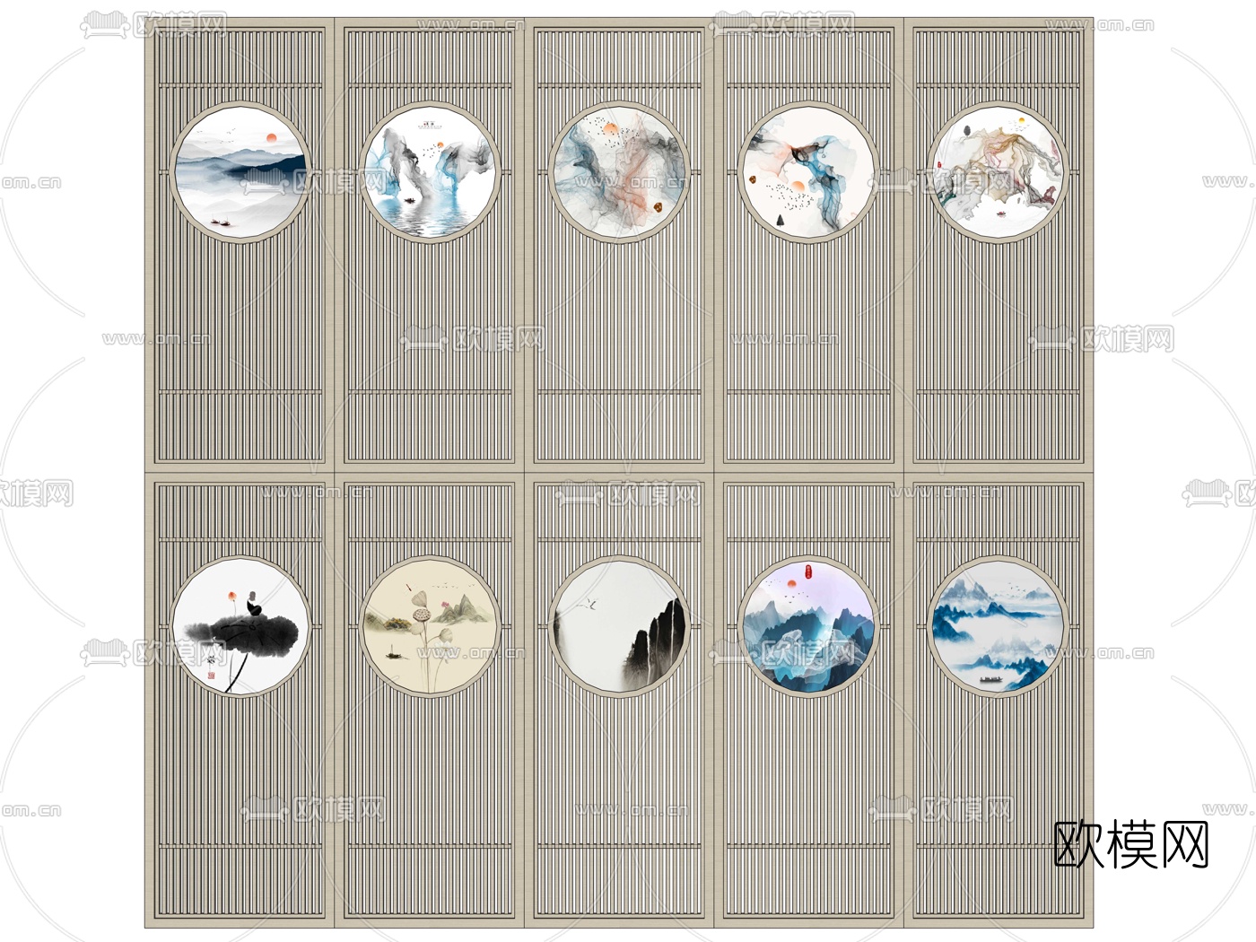 新中式禅意实木屏风隔断su模型