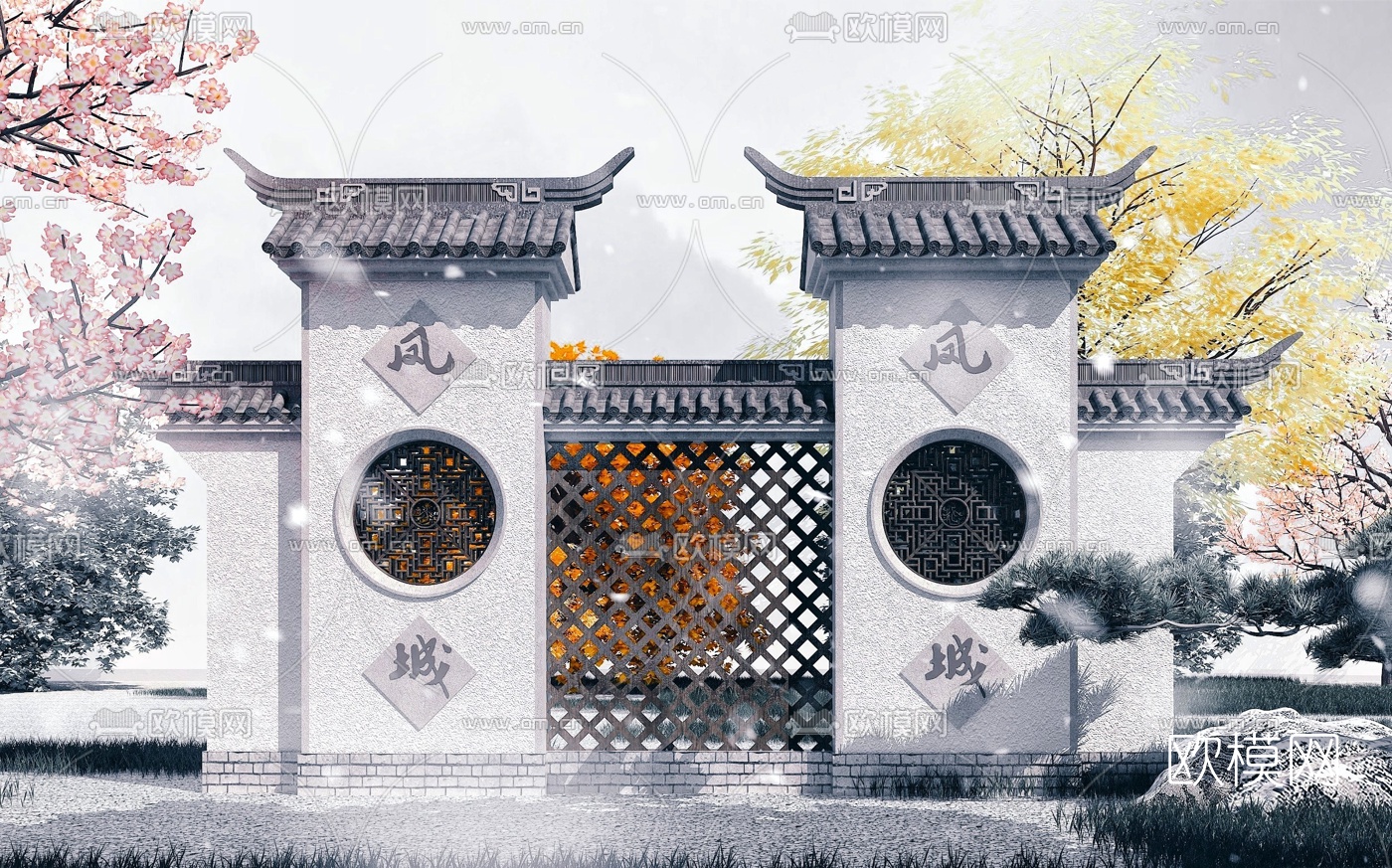 中式园林景观墙3d模型