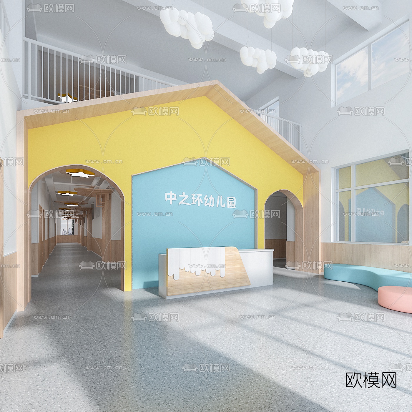 现代幼儿园前台大厅走廊3d模型