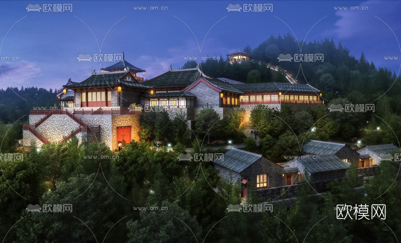 中式古建夜景外观3d模型下载