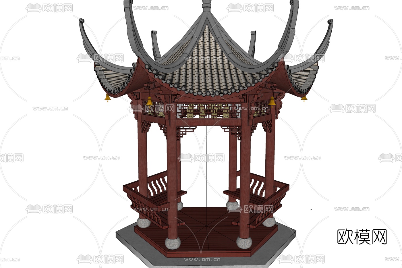 中式实木凉亭免费su模型下载